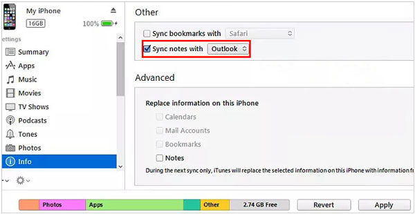 使用 itunes 将 iphone 笔记同步到 Outlook