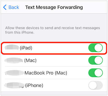 switch off the text message forwarding on iphone