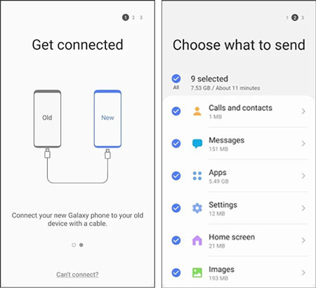 select less content if the samrt switch app displays insufficient space to transfer