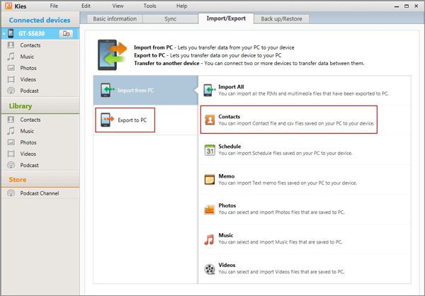 export contacts from samsung to pc