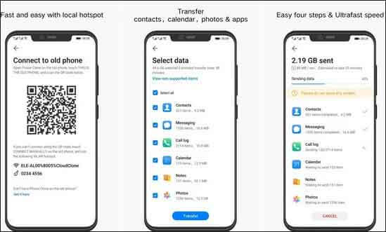 use phone clone app to transfer data to huawei android device