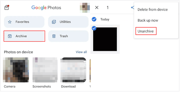 unarchive photos on google photos