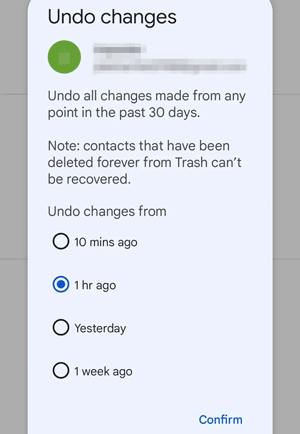 undo changes on google contacts when contacts miss on samsung