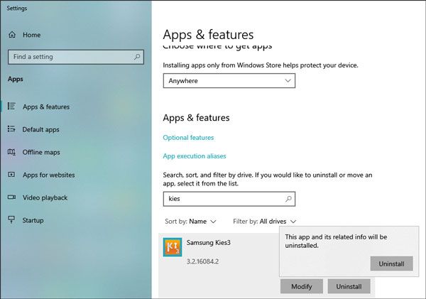 remove samsung kies from windows 10 pc