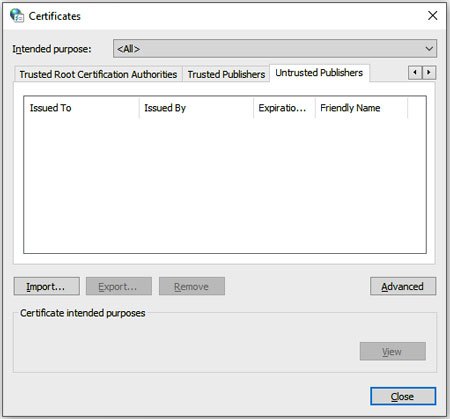 check the untrusted publishers for installing kies on windows 10 pc