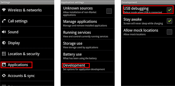 find and enable usb debugging on android 4 or lower