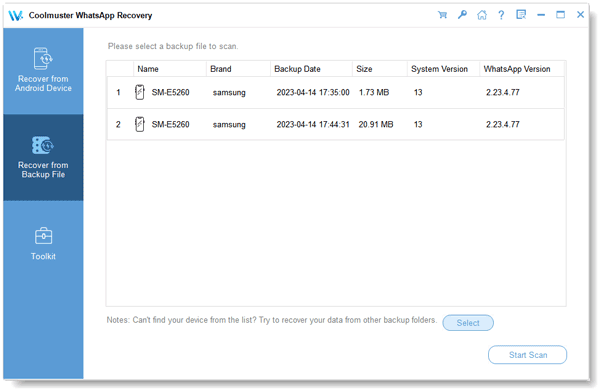 select a backup file to restore whatsapp data